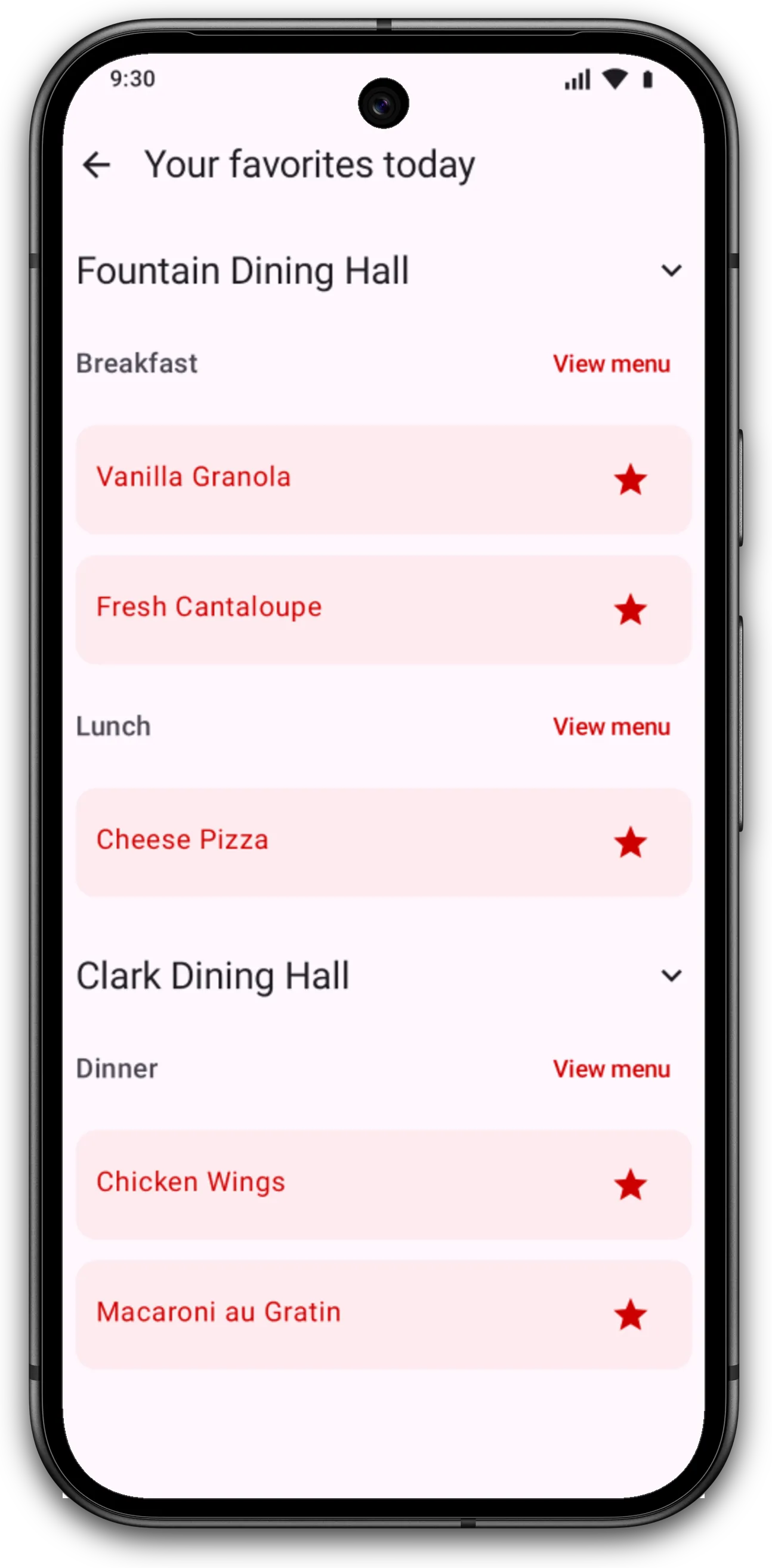 Favorites screen