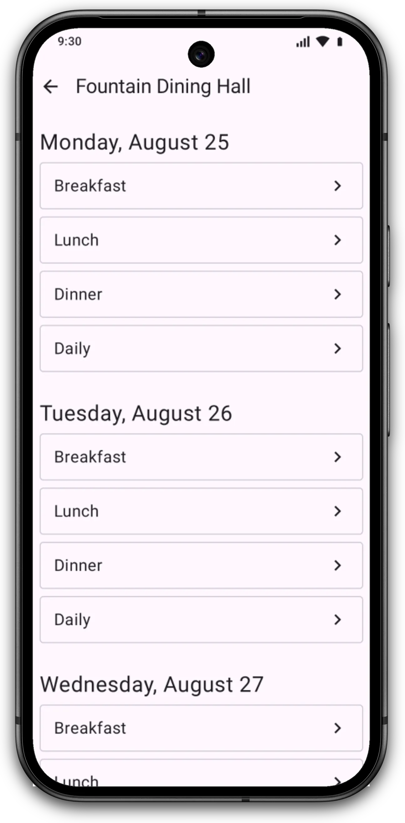 Menu list screen